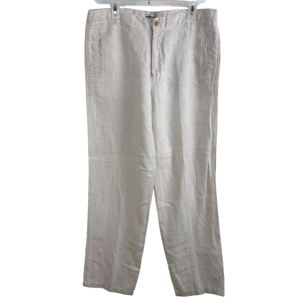 Europann Linen Pants Mens 44 EU Straight Leg Beach Resort Oatmeal Casual